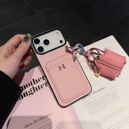 Premium Leather Card Holder Back Cover with Mini Bag Charm & Strap Compatible with iPhone Models