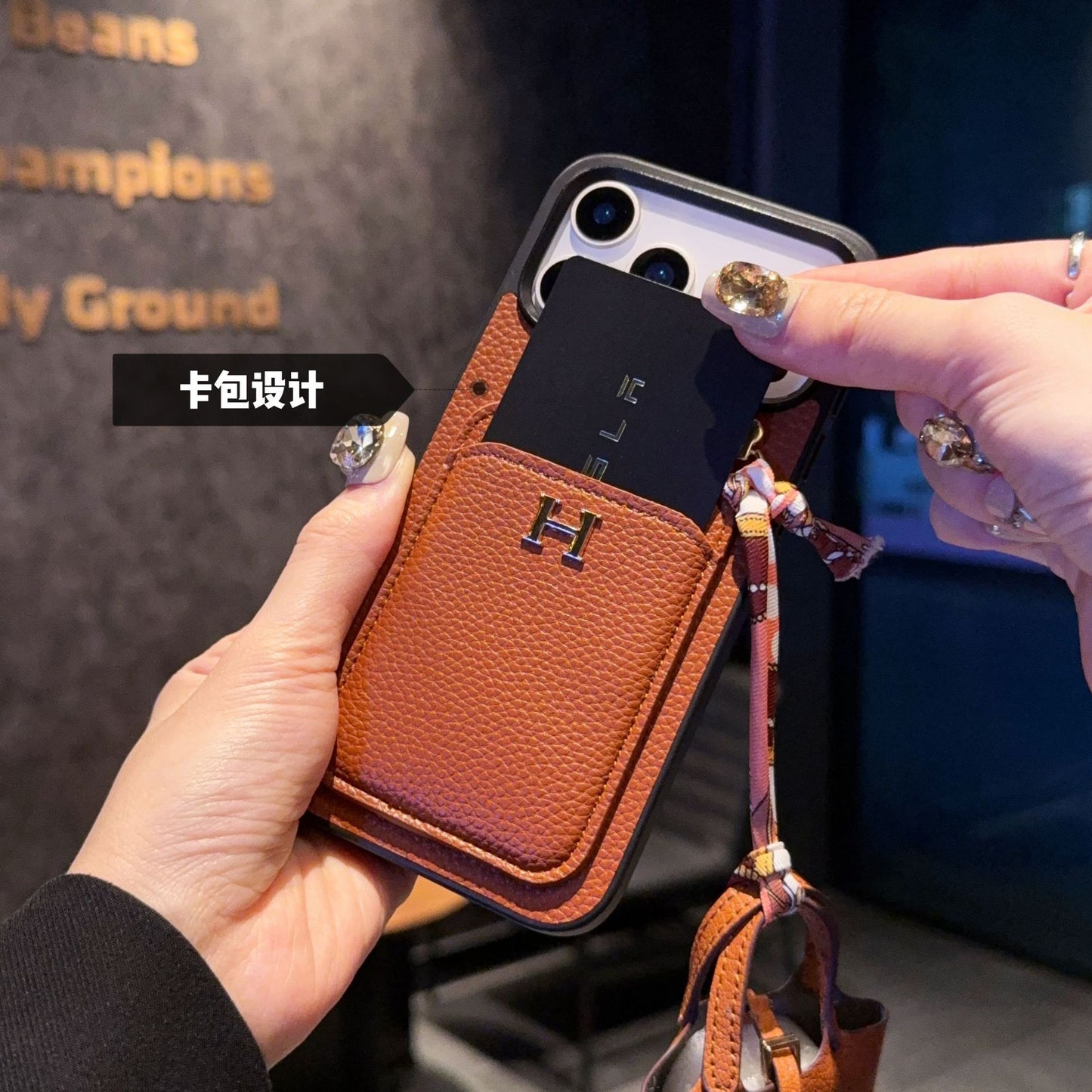 Premium Leather Card Holder Back Cover with Mini Bag Charm & Strap Compatible with iPhone Models