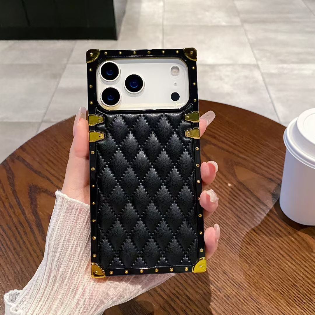 Luxury Quilted Leather Back Cover with Metal Frame & Card Slot Compatible with iPhone Models