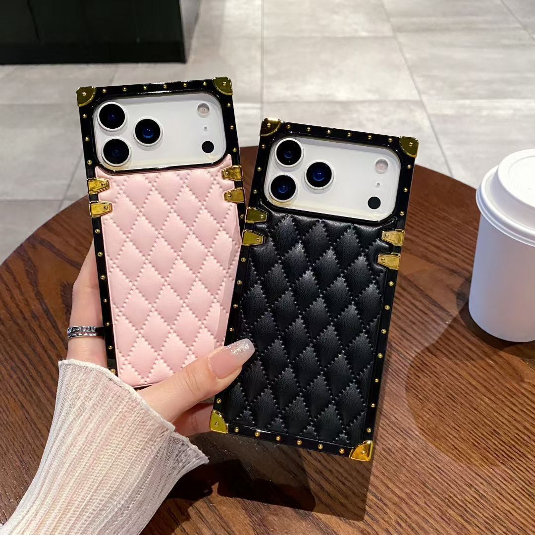 Luxury Quilted Leather Back Cover with Metal Frame & Card Slot Compatible with iPhone Models