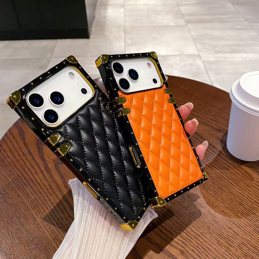 Luxury Quilted Leather Back Cover with Metal Frame & Card Slot Compatible with iPhone Models