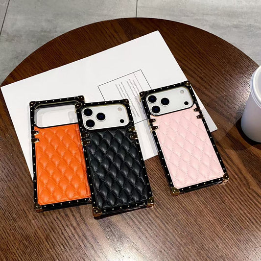 Luxury Quilted Leather Back Cover with Metal Frame & Card Slot Compatible with iPhone Models