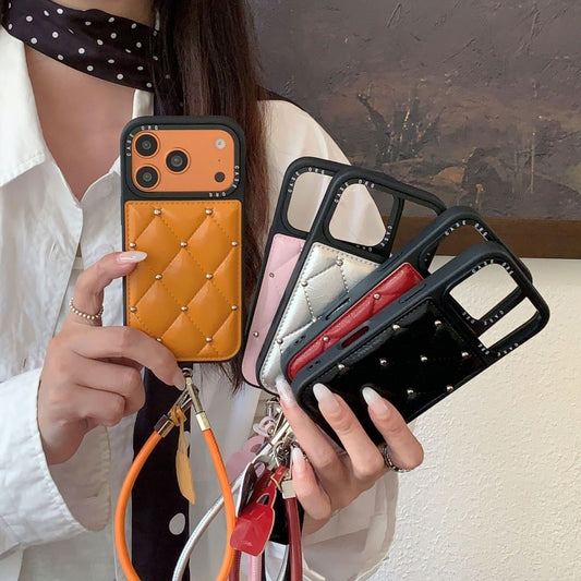Designer Quilted Leather Back Cover with Strap & Card Holder Compatible with iPhone Models