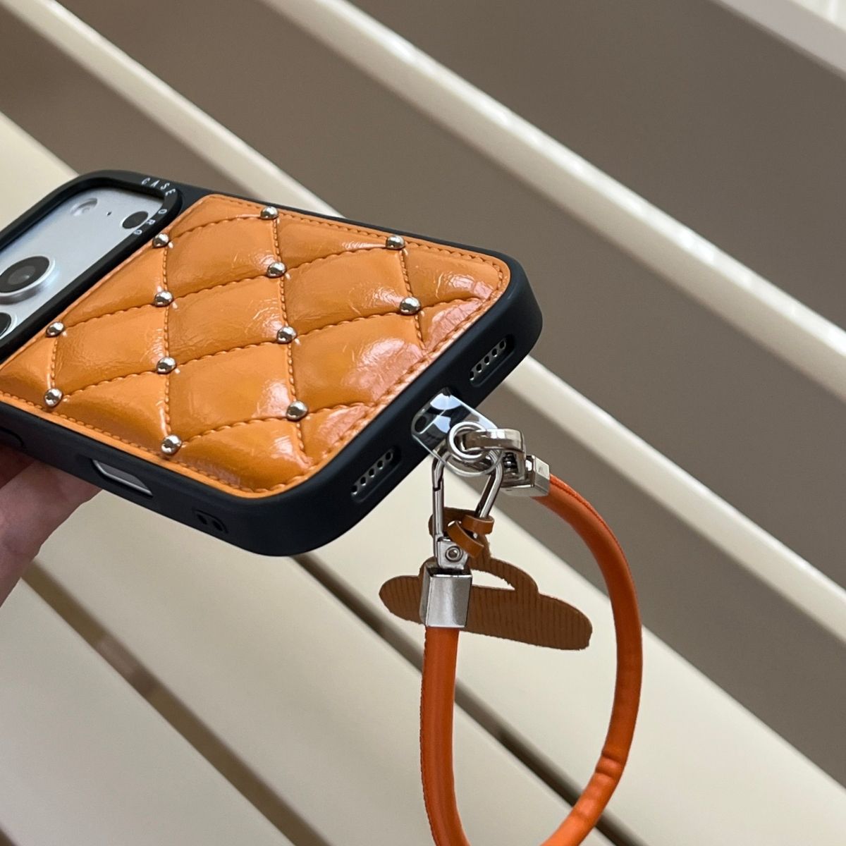 Designer Quilted Leather Back Cover with Strap & Card Holder Compatible with iPhone Models