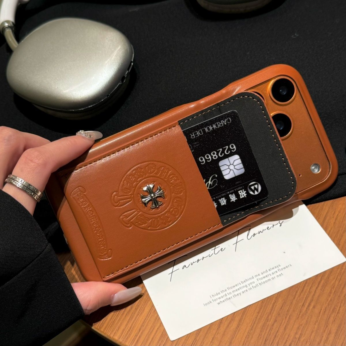Brown Leather Look Back Cover with Card Pocket for iPhone