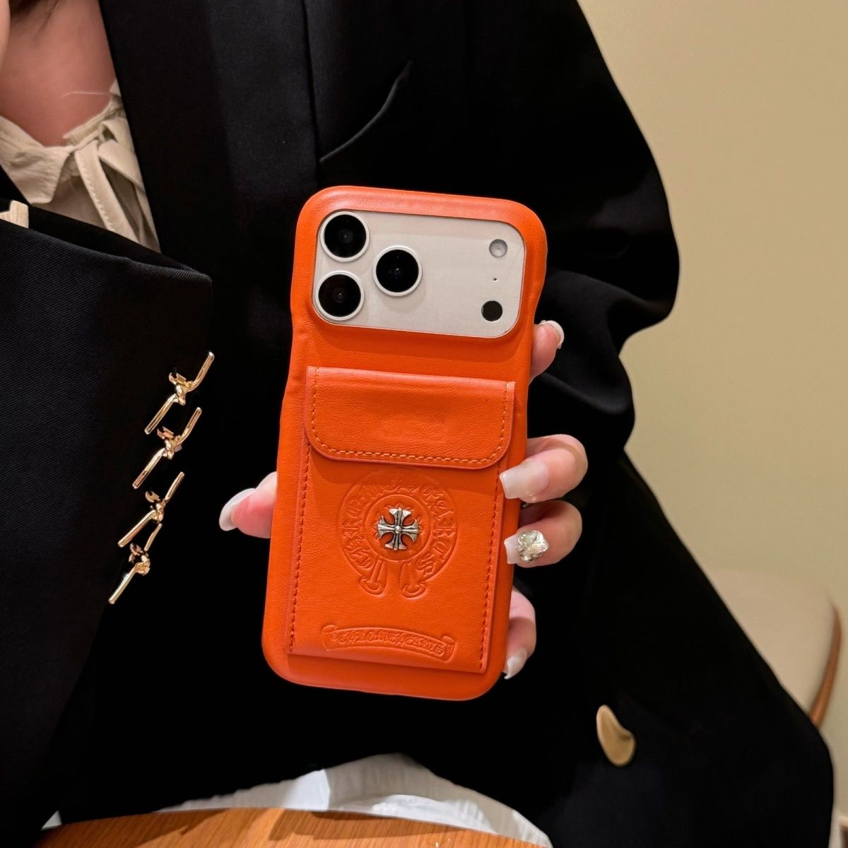 Brown Leather Look Back Cover with Card Pocket for iPhone