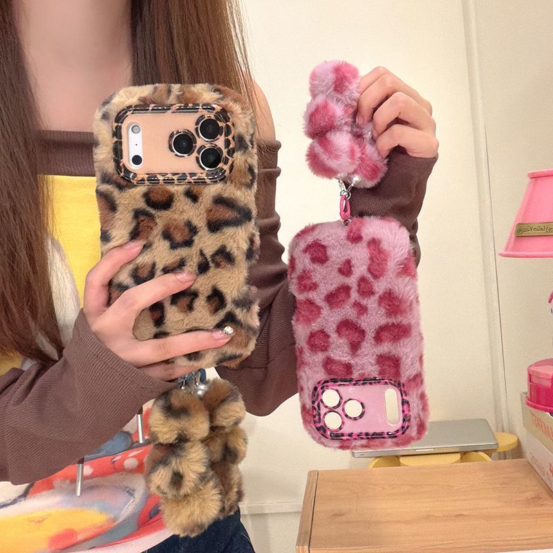 iPhone Plush Leopard Print Fur Case with Pom Pom Keychain