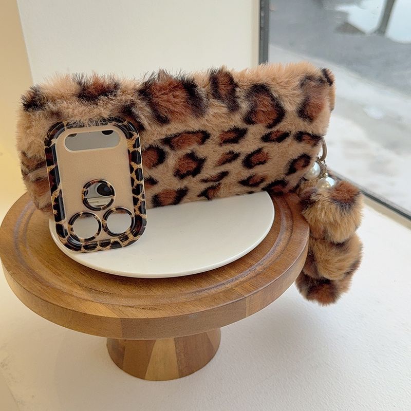 iPhone Plush Leopard Print Fur Case with Pom Pom Keychain