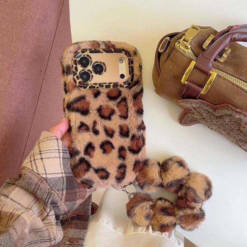 iPhone Plush Leopard Print Fur Case with Pom Pom Keychain