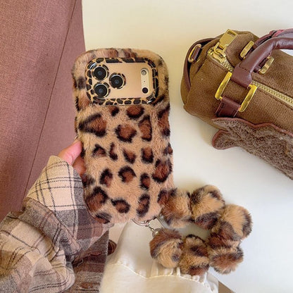 iPhone Plush Leopard Print Fur Case with Pom Pom Keychain