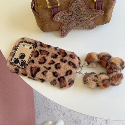 iPhone Plush Leopard Print Fur Case with Pom Pom Keychain