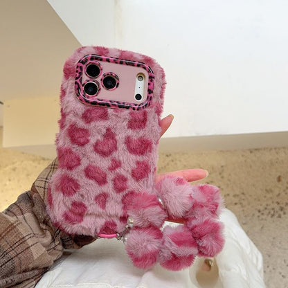 iPhone Plush Leopard Print Fur Case with Pom Pom Keychain