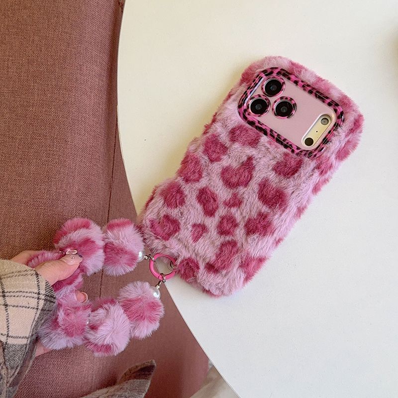 iPhone Plush Leopard Print Fur Case with Pom Pom Keychain