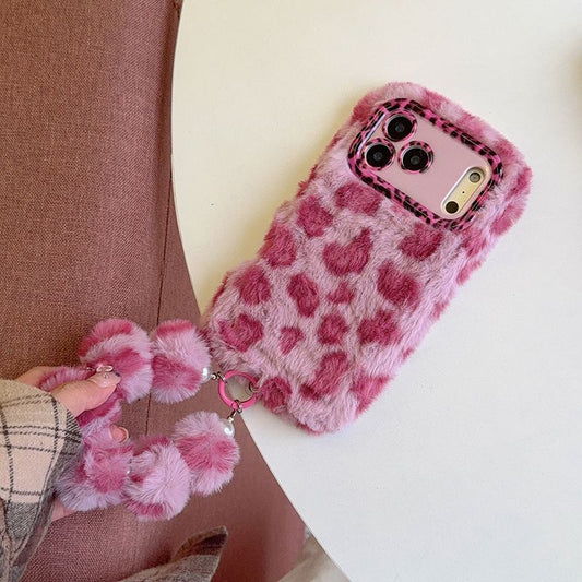 iPhone Plush Leopard Print Fur Case with Pom Pom Keychain