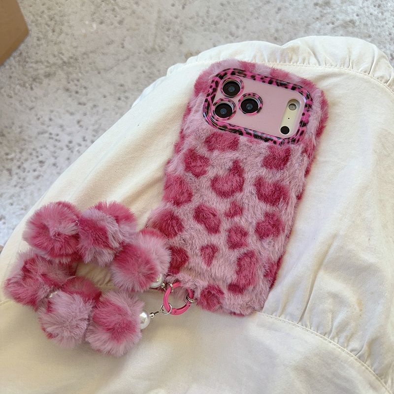 iPhone Plush Leopard Print Fur Case with Pom Pom Keychain
