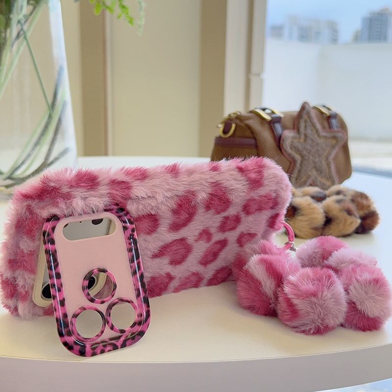 iPhone Plush Leopard Print Fur Case with Pom Pom Keychain