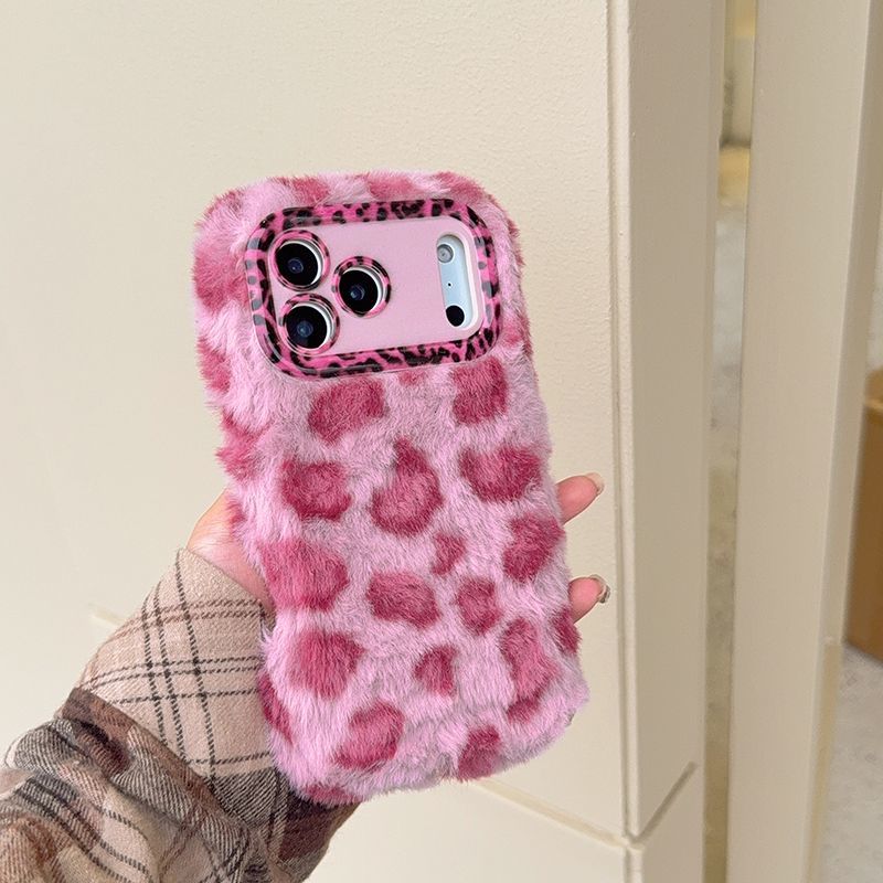 iPhone Plush Leopard Print Fur Case with Pom Pom Keychain