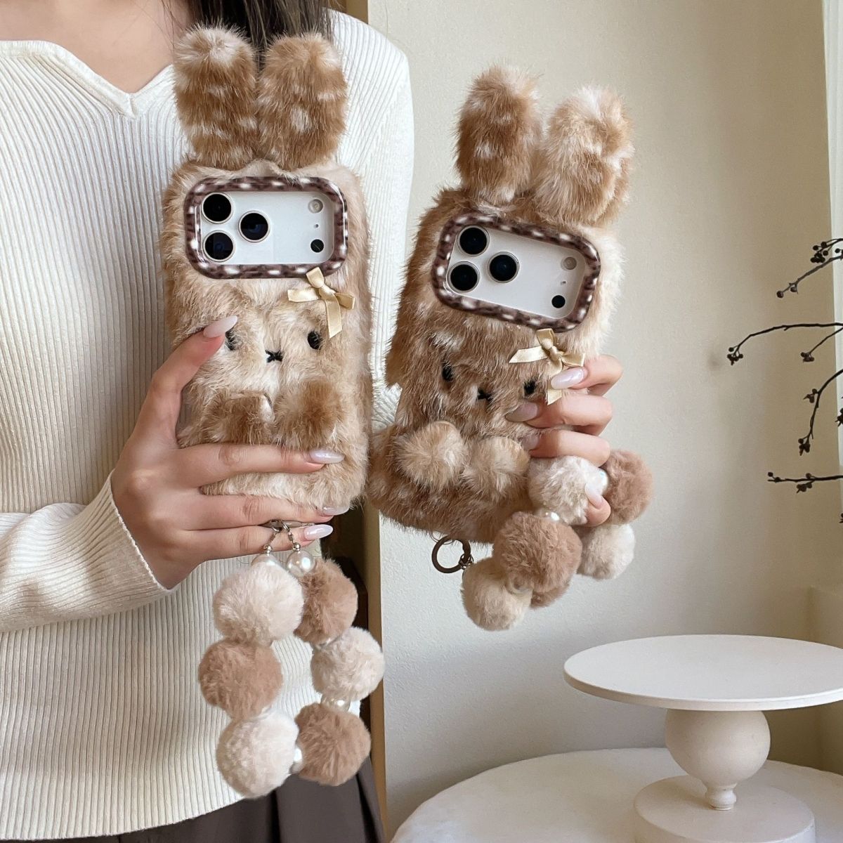 iPhone Plush Bunny Fur Case with Pom Pom Keychain
