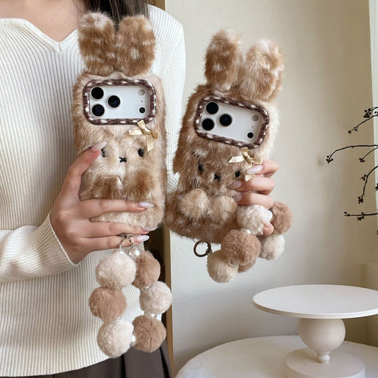 iPhone Plush Bunny Fur Case with Pom Pom Keychain