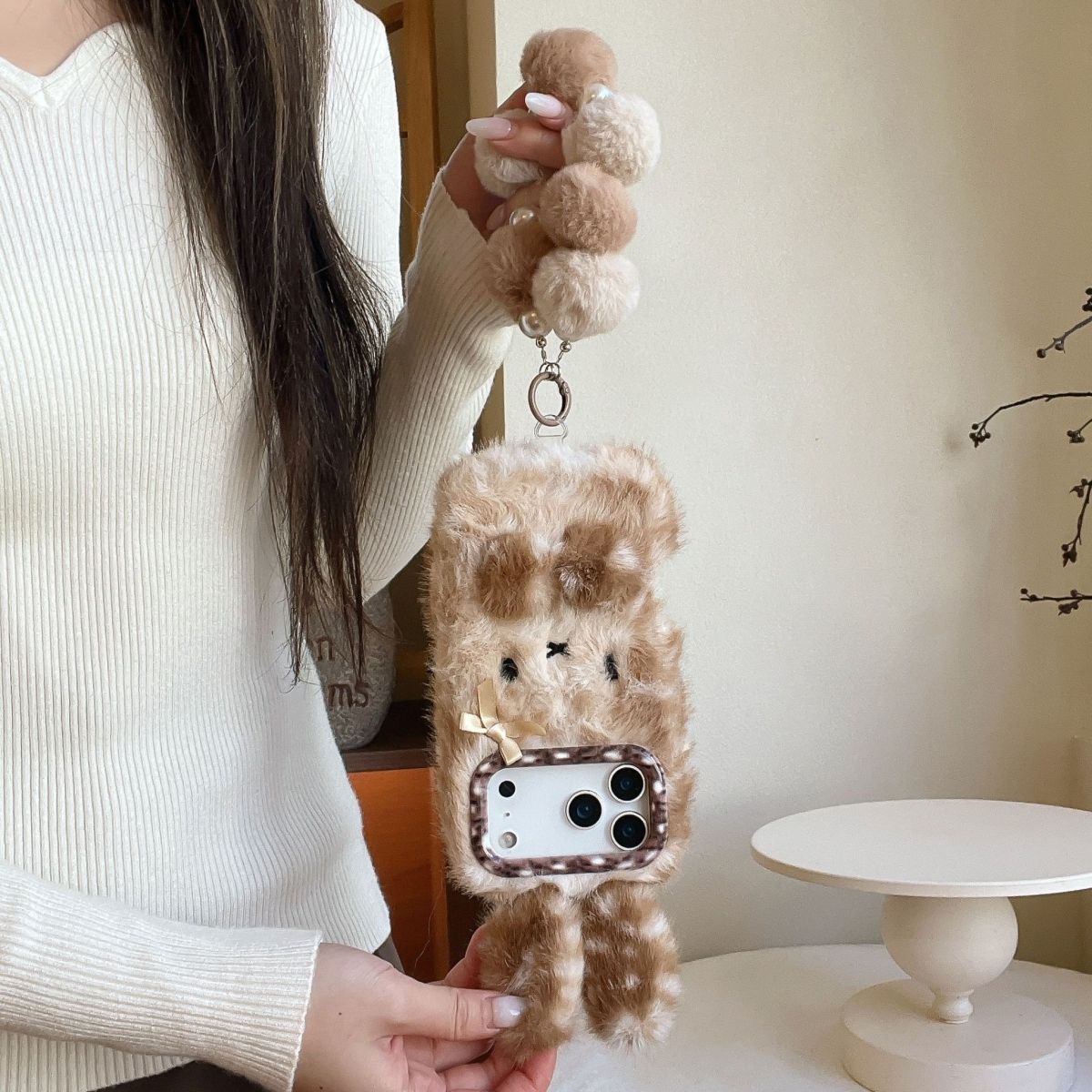 iPhone Plush Bunny Fur Case with Pom Pom Keychain