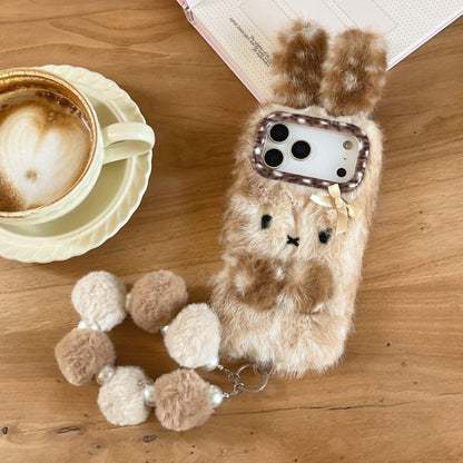 iPhone Plush Bunny Fur Case with Pom Pom Keychain