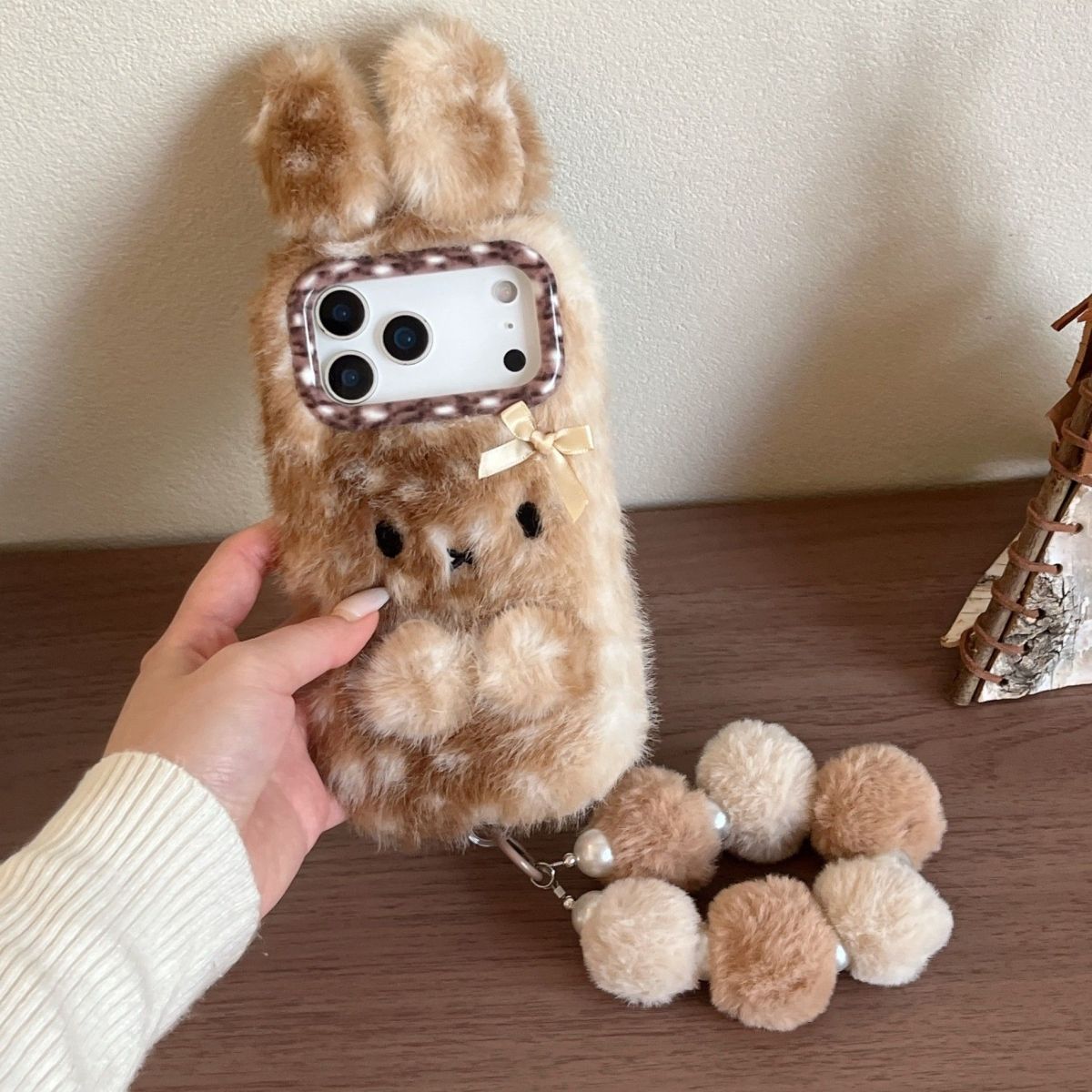 iPhone Plush Bunny Fur Case with Pom Pom Keychain
