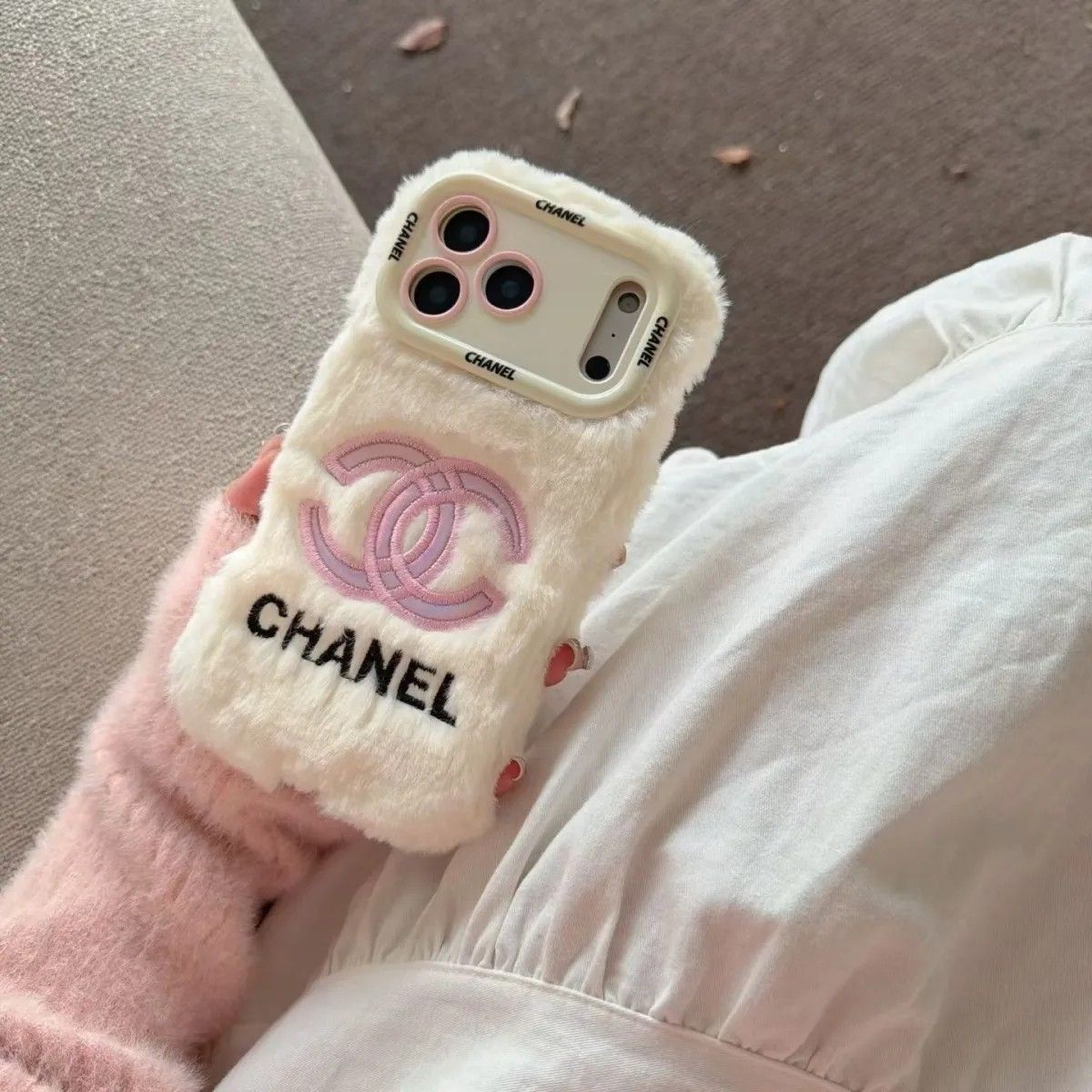 iPhone Plush Fur Back Cover with Embroidered Logo Design