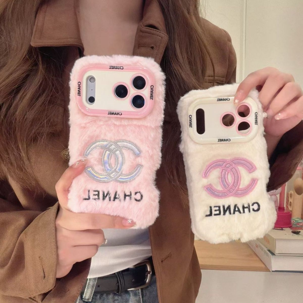 iPhone Plush Fur Back Cover with Embroidered Logo Design