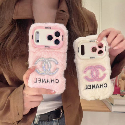 iPhone Plush Fur Back Cover with Embroidered Logo Design