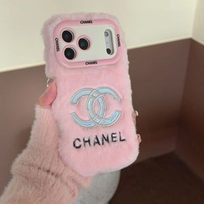 iPhone Plush Fur Back Cover with Embroidered Logo Design