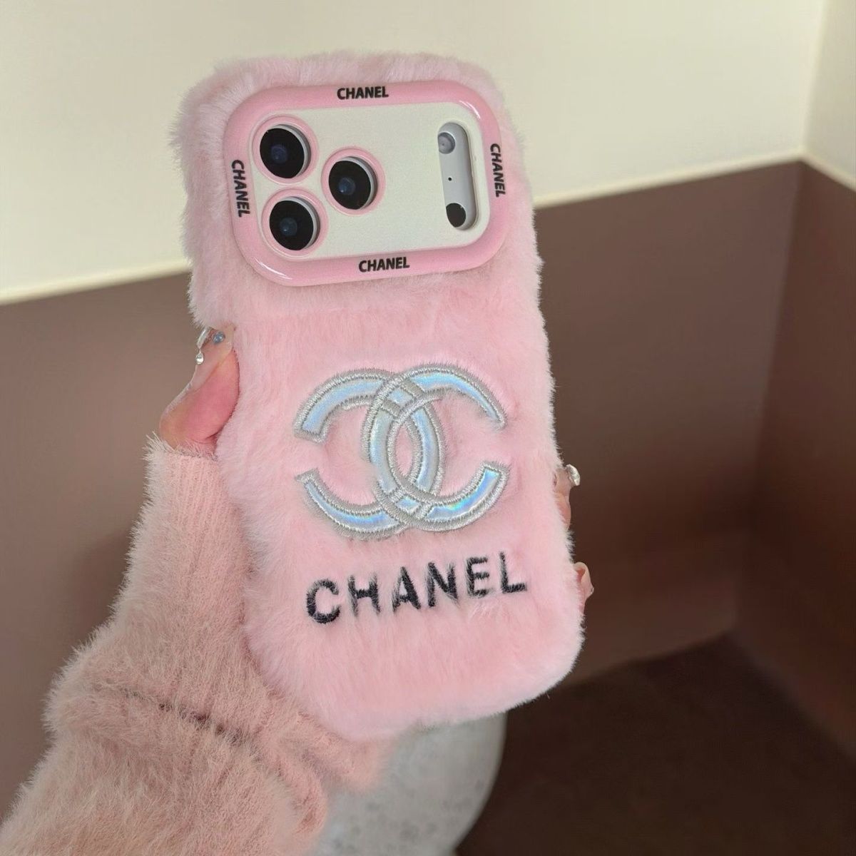 iPhone Plush Fur Back Cover with Embroidered Logo Design