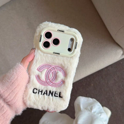 iPhone Plush Fur Back Cover with Embroidered Logo Design