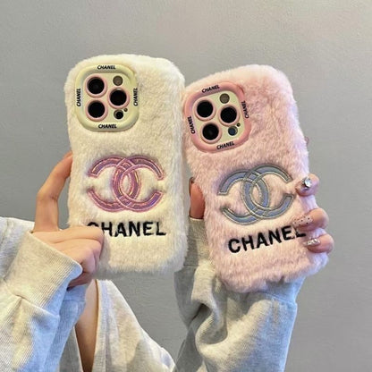 iPhone Plush Fur Back Cover with Embroidered Logo Design