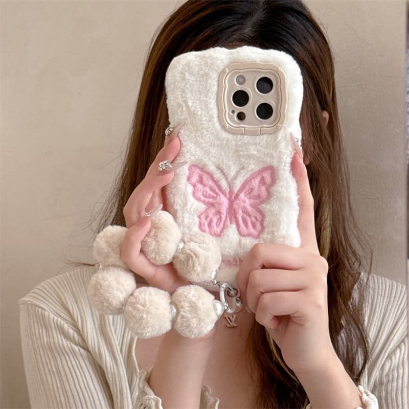 iPhone Plush Fur Back Cover with Butterfly Design
