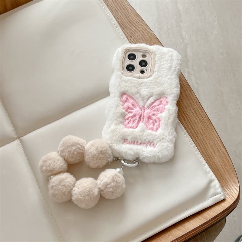 iPhone Plush Fur Back Cover with Butterfly Design