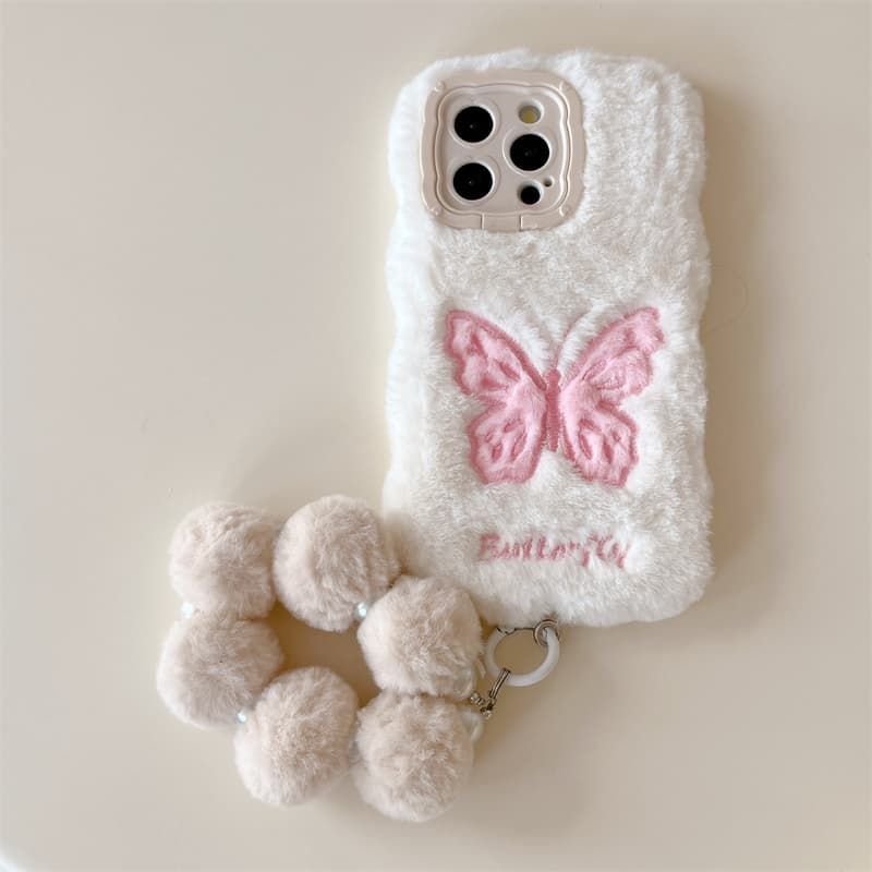iPhone Plush Fur Back Cover with Butterfly Design