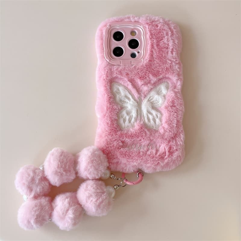 iPhone Plush Fur Back Cover with Butterfly Design