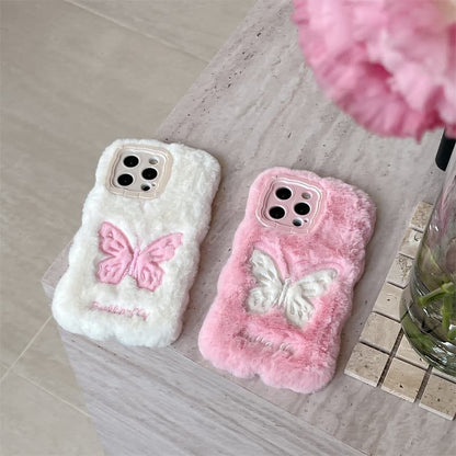 iPhone Plush Fur Back Cover with Butterfly Design