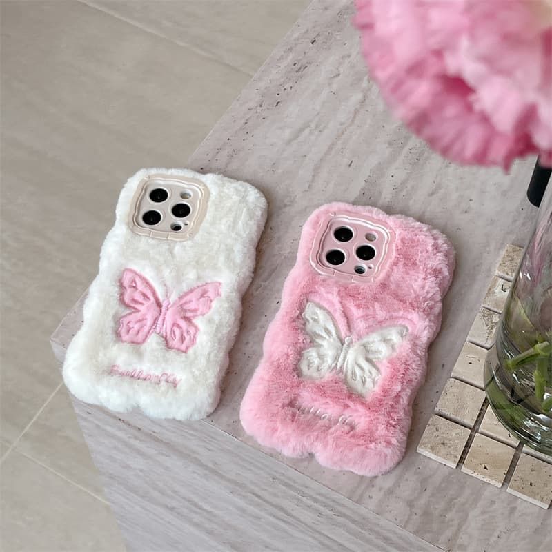 iPhone Plush Fur Back Cover with Butterfly Design