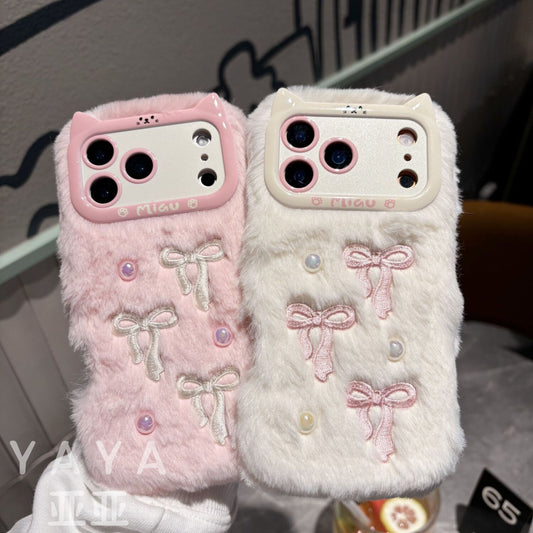 iPhone Fur Back Cover with Bow Embroidery and Soft Plush Finish