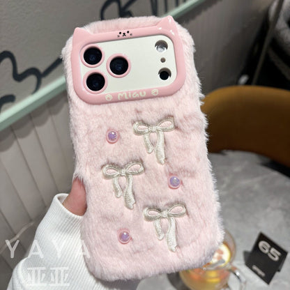 iPhone Fur Back Cover with Bow Embroidery and Soft Plush Finish