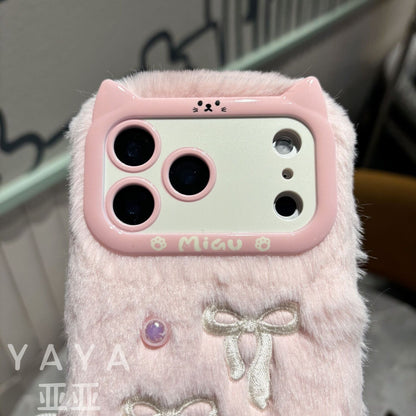 iPhone Fur Back Cover with Bow Embroidery and Soft Plush Finish