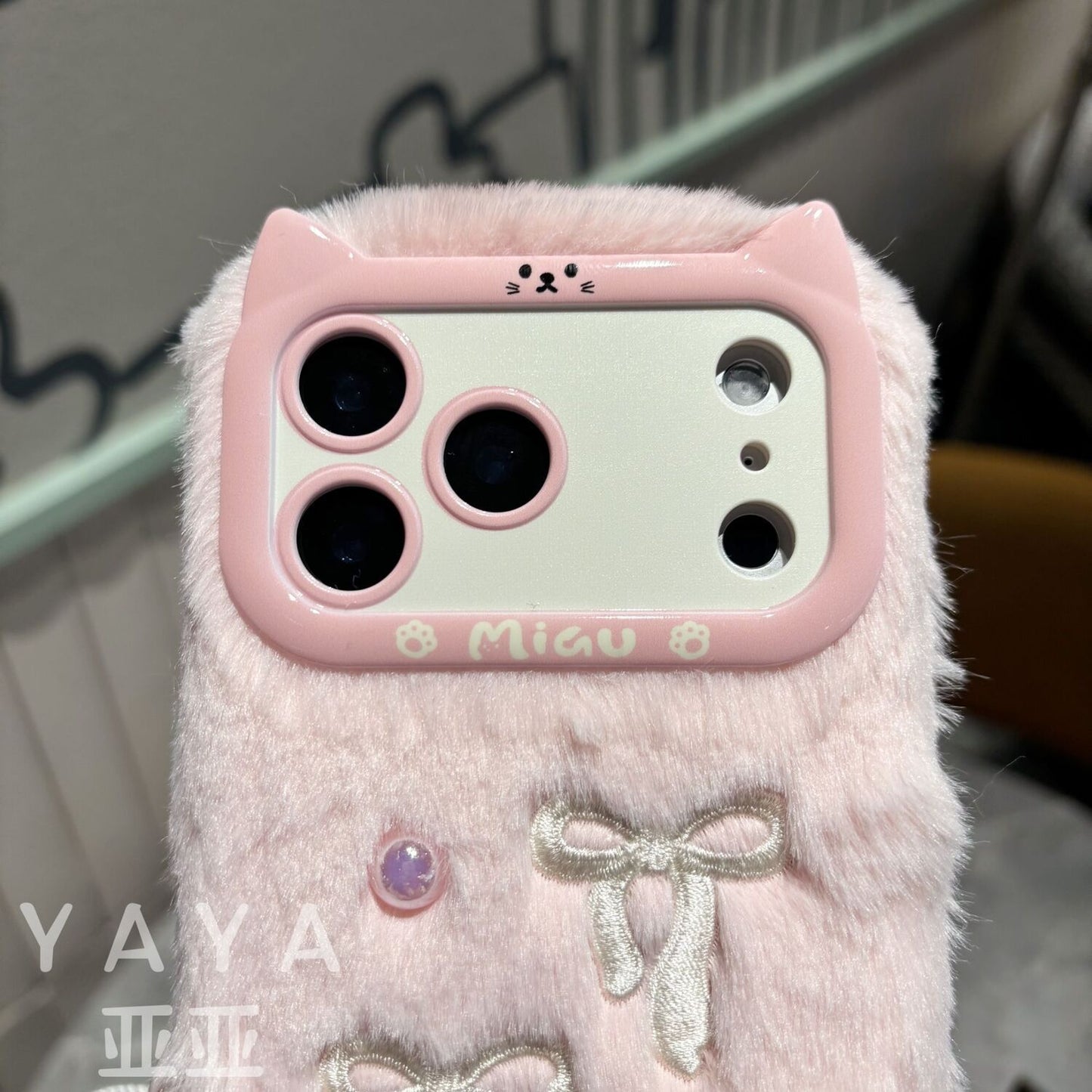 iPhone Fur Back Cover with Bow Embroidery and Soft Plush Finish
