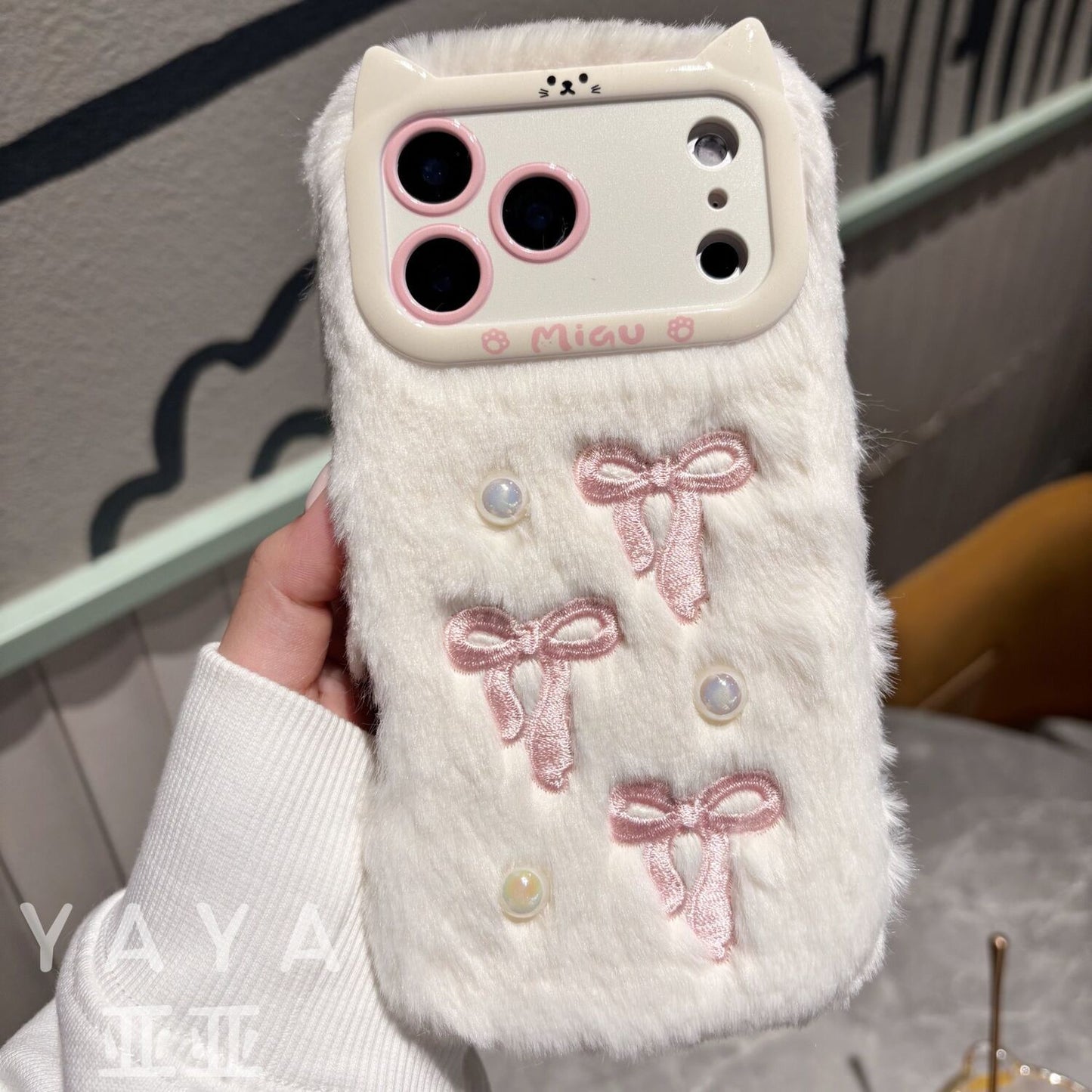 iPhone Fur Back Cover with Bow Embroidery and Soft Plush Finish