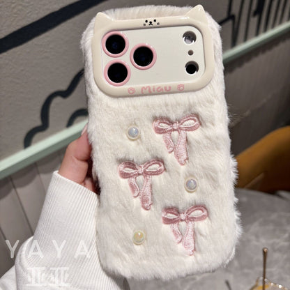 iPhone Fur Back Cover with Bow Embroidery and Soft Plush Finish