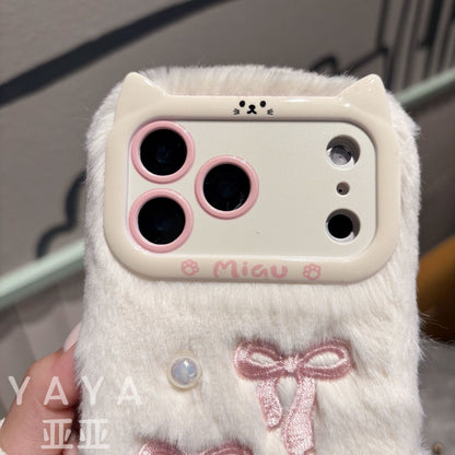 iPhone Fur Back Cover with Bow Embroidery and Soft Plush Finish