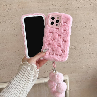 iPhone Pink Fur Back Cover with Bow Design and Pom Pom Charm