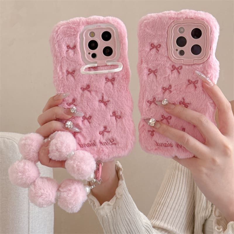 iPhone Pink Fur Back Cover with Bow Design and Pom Pom Charm
