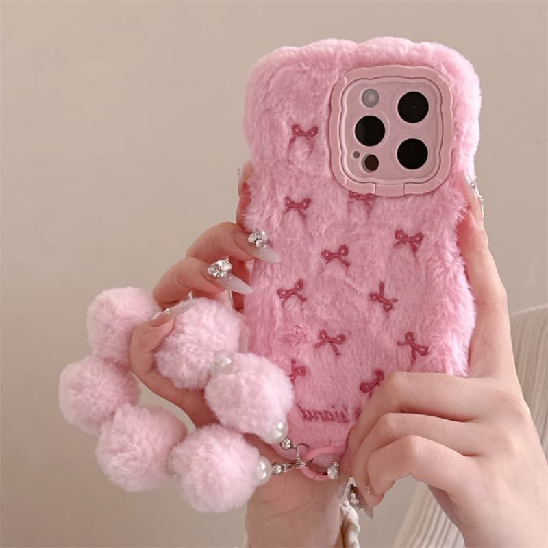 iPhone Pink Fur Back Cover with Bow Design and Pom Pom Charm