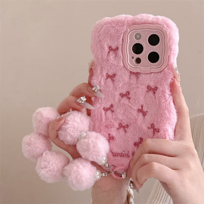 iPhone Pink Fur Back Cover with Bow Design and Pom Pom Charm